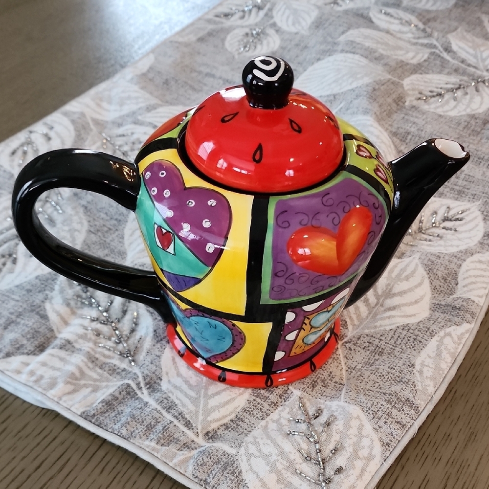 Naylor Designs Handpainted Teapot with Hearts in All Colorful